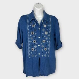 Koret City Blues Small denim top button-up embroidered beads short sleeve boho